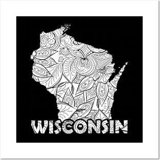 Mandala art map of Wisconsin with text in white Posters and Art